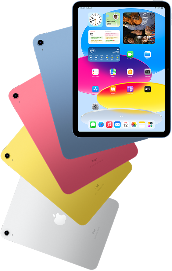 Vue avant d’un iPad affichant l’écran d’accueil, devant quatre autres iPad en bleu, rose, jaune et argent vus de dos.