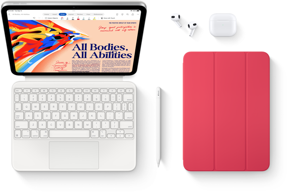 Images des produits suivants : iPad, Magic Keyboard Folio, Apple Pencil, AirPods et Smart Folio.