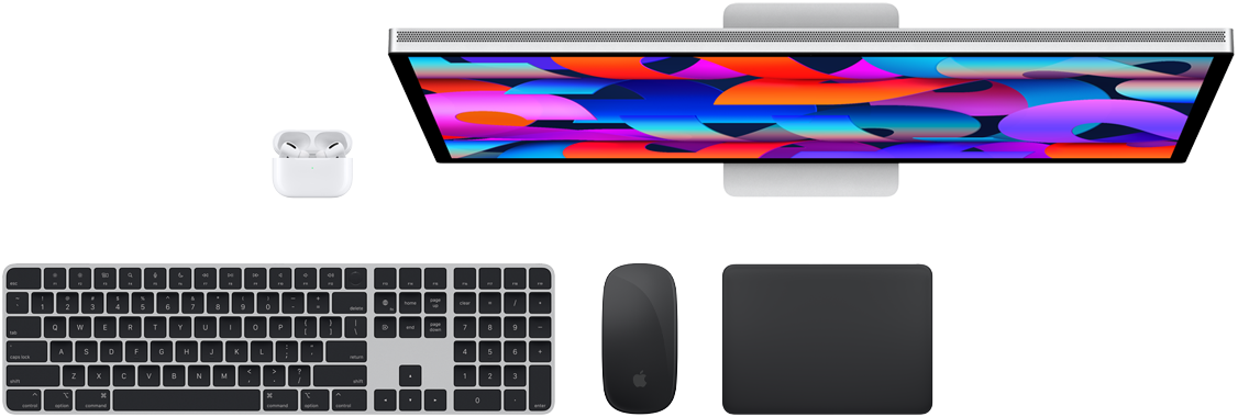 AirPods, Studio Display, Magic Keyboard, Magic Mouse et Magic Trackpad vus d’en haut