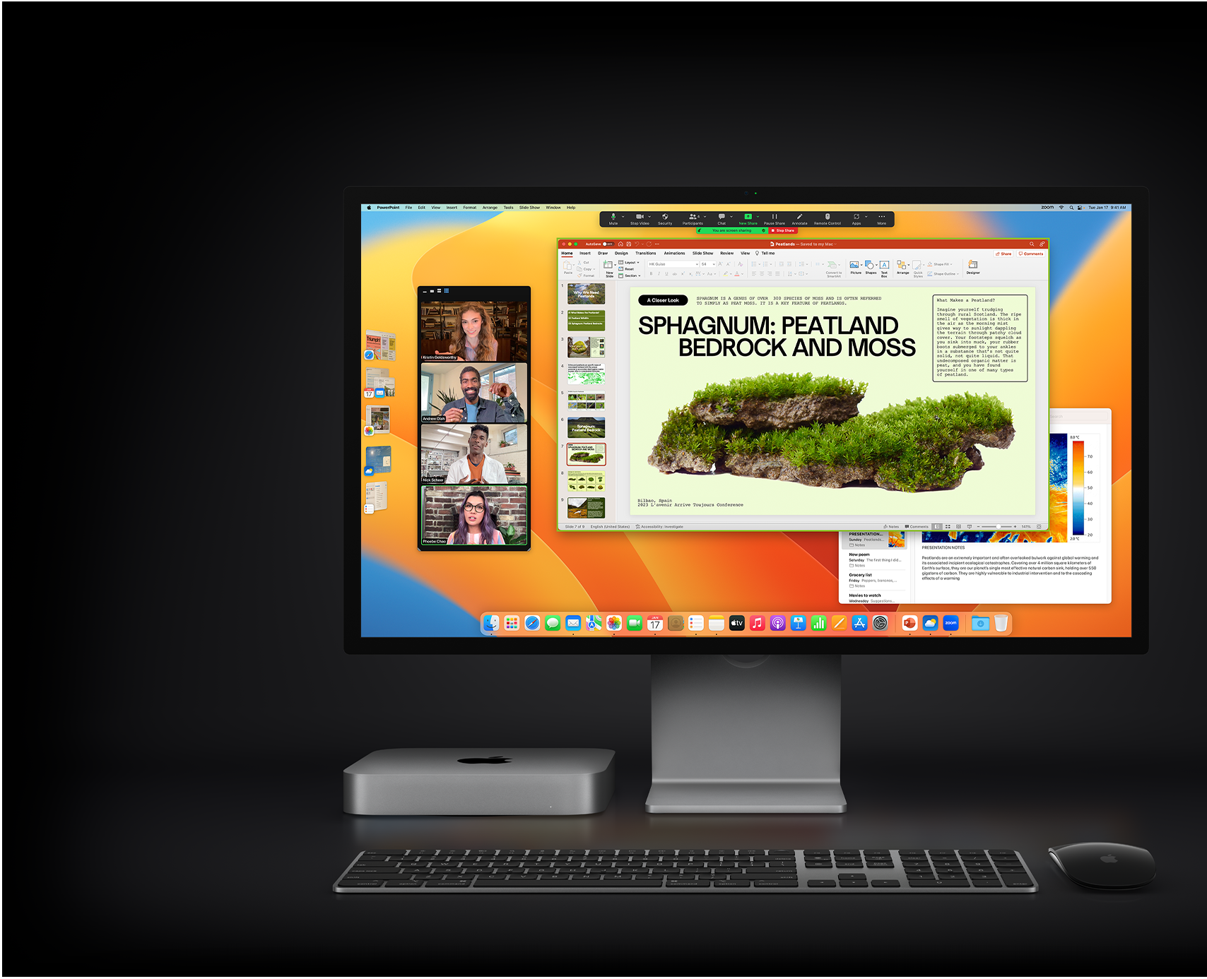 Mac mini avec Magic Mouse, Magic Keyboard et Studio Display affichant une présentation Microsoft PowerPoint partagée dans le cadre d’une réunion Zoom, avec l’app Notes en arrière-plan.