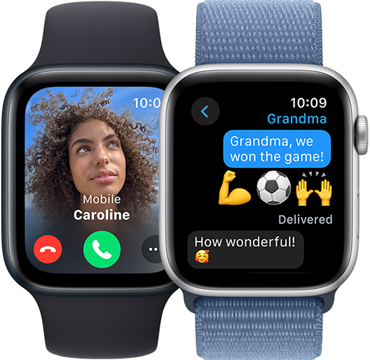 Deux écrans d’Apple Watch SE. L’un affichant un appel entrant. L’autre, un fil de discussion dans Messages.