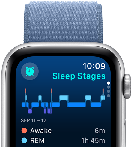 Écran de l’app Sommeil affichant les phases du sommeil, les minutes d’éveil et les minutes de sommeil paradoxal.
