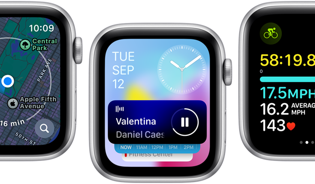 Vue avant de plusieurs Apple Watch SE affichant différents écrans d’apps actualisées.
