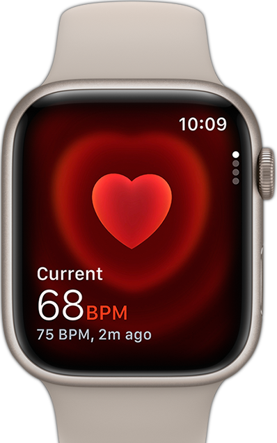 Vue frontale de l’Apple Watch montrant les battements de cœur de quelqu’un.