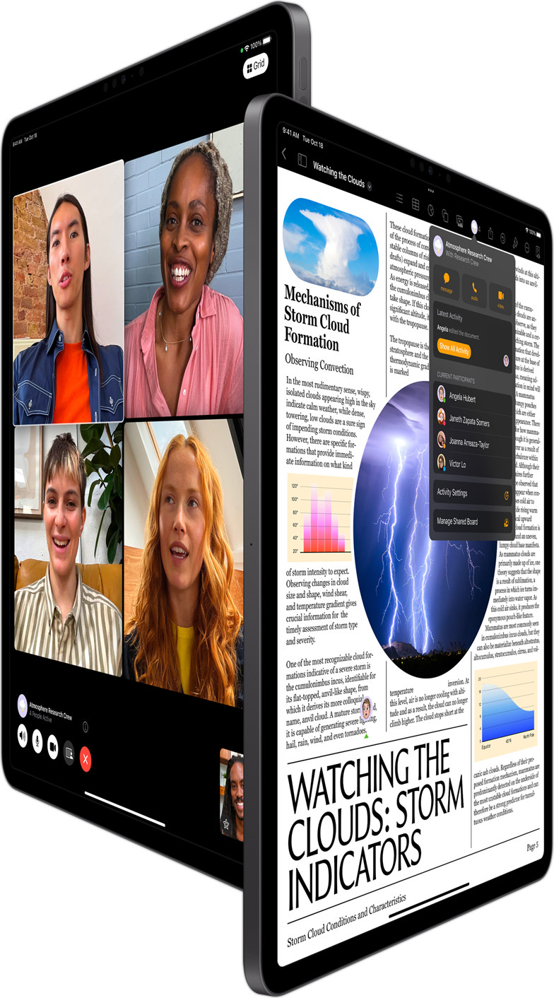 FaceTime en groupe et collaboration dans Pages sur deux iPad Pro