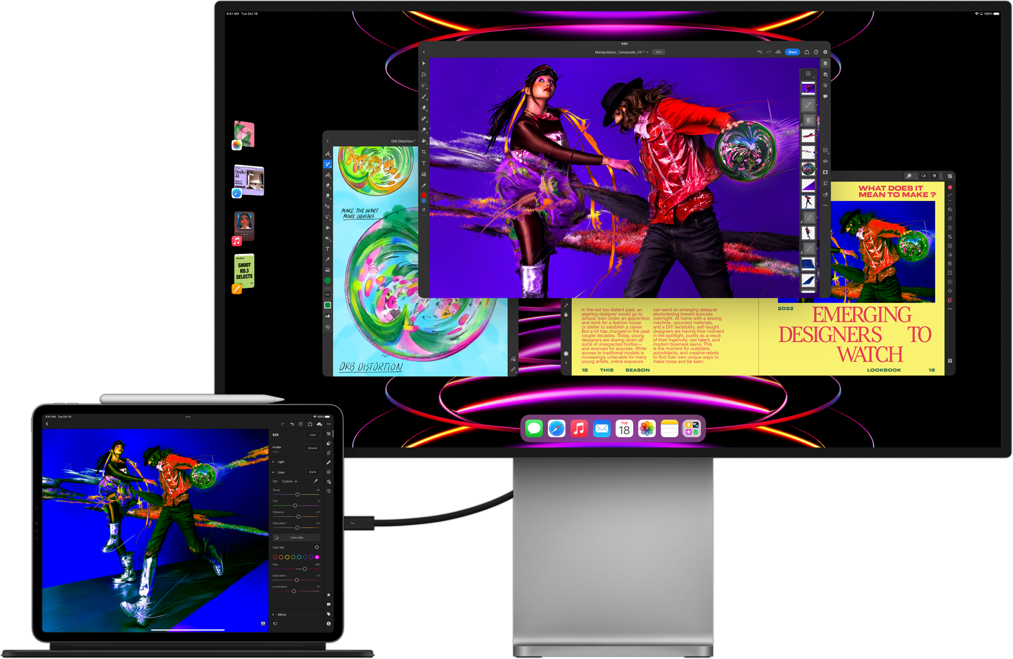 iPad Pro affichant l’app Adobe Lightroom connecté à un écran externe affichant le mode multitâche avec Stage Manager